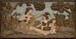 Magnifica talha do século XVIII/XIX - européia no estilo barroco ricamente esculpida  em peça unica de madeira policromada representando Ninfa com querubins - med. 94 x 180 cm.