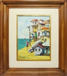 Quadro em o.s.t. artista ANNA MAZA "Casario e mar" assinatura no c.i.e. e tela com 34 x 24 cm. Moldura de 57 x 48 cm.