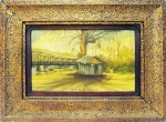 Giudici, F.A. obra de 1940 em o.s.t. com assinatura no c.i.e. "Casa no Campo" em bela moldura antiga. Dedicatória no verso. Tela com 15 x 17 cm e medidas da moldura, 30 x 42 cm.