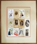 Doze cartões decorados e variados emoldurados com vidro. Medida da moldura: 66 x 56 cm.